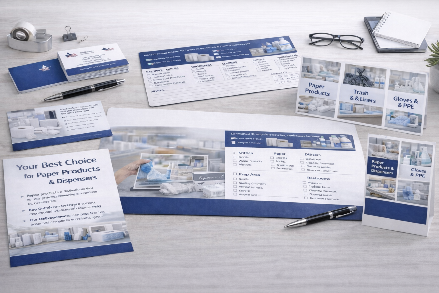 Printed marketing materials such as business cards, postcards, leave-behind brochures and route cards
